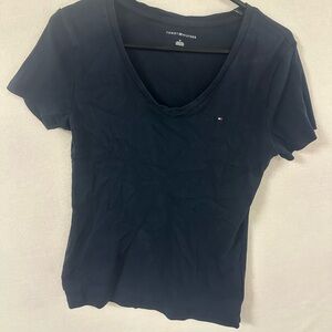 Tommy Hilfiger Women's V Neck T Shirt Size Medium Blue Short Sleeve Box Logo